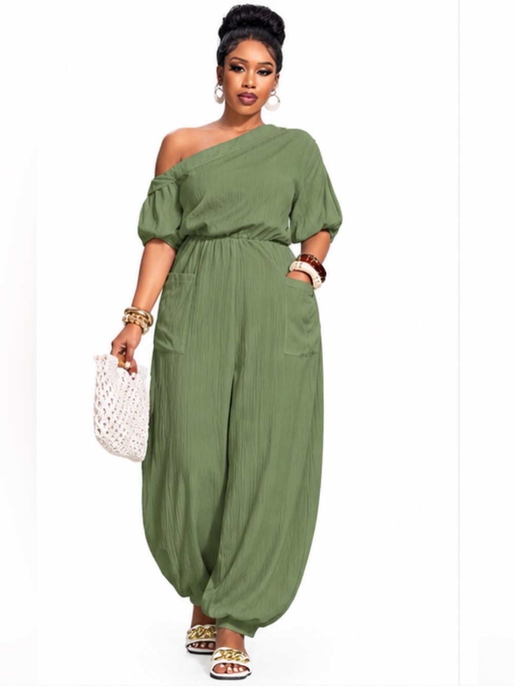 Olive Green Jumpsuit Wide Leg with Pockets